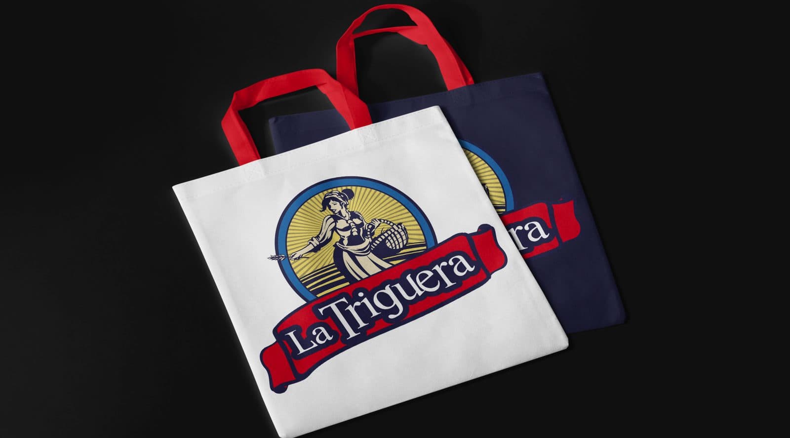 La Triguera tote bags on a black background
